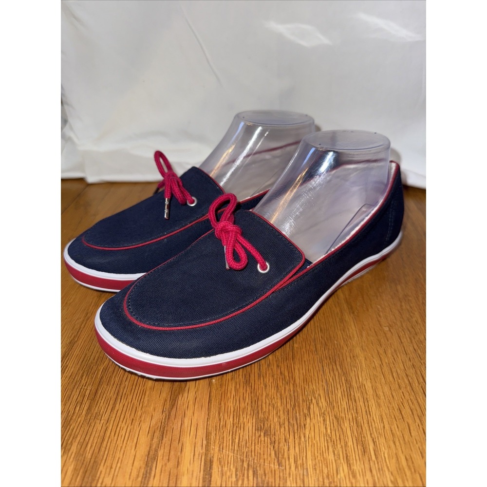 Grasshoppers Shoes Womens 7.5 XW Loafers Blue Red Canvas Lace Bow Slip On Casual